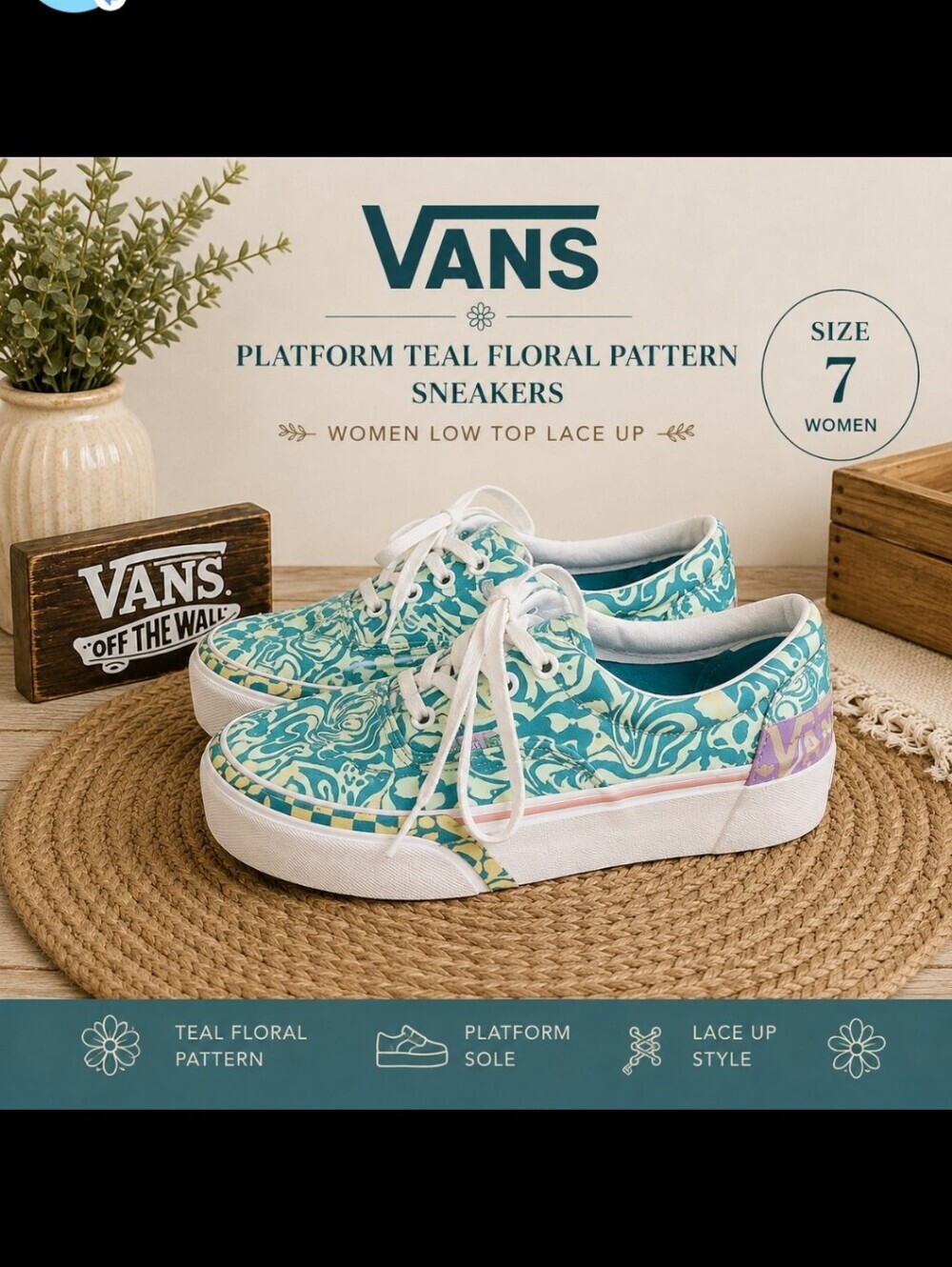Vans Platform Teal Floral Pattern Sneakers Women Low Top Lace Up Skate Shoes Y2K